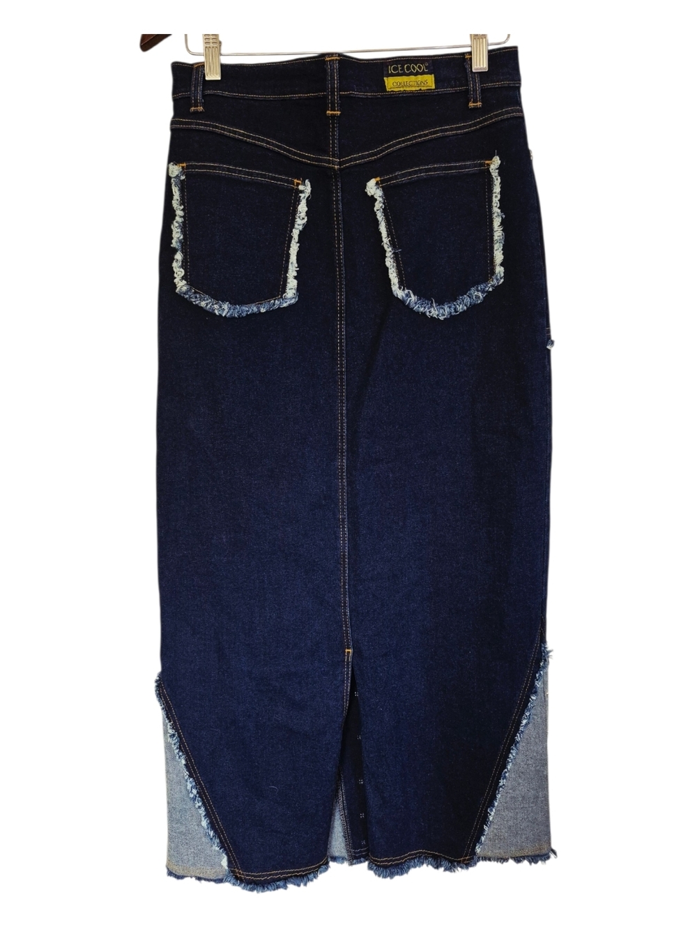 Ice Cool Collections Denim Fringe Rough Patched Maxi Skirt With Rivets Size 12 - Picture 2 of 10